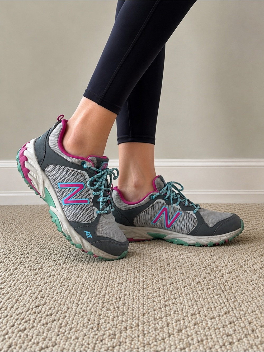 New Balance Gray Athletic Shoes with Teal and Pink Accents
